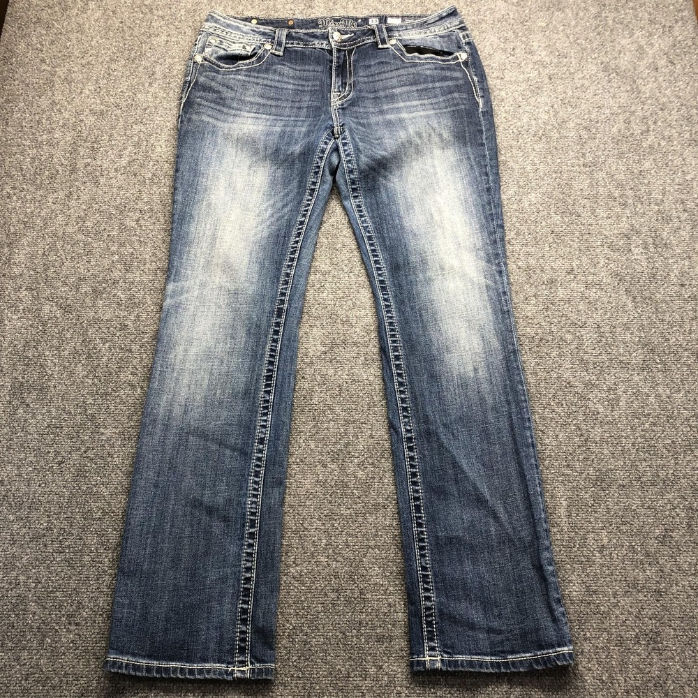 Miss Me Jeans Womens 33 33x31 Blue Straight Rhinestone Studded Distressed Denim